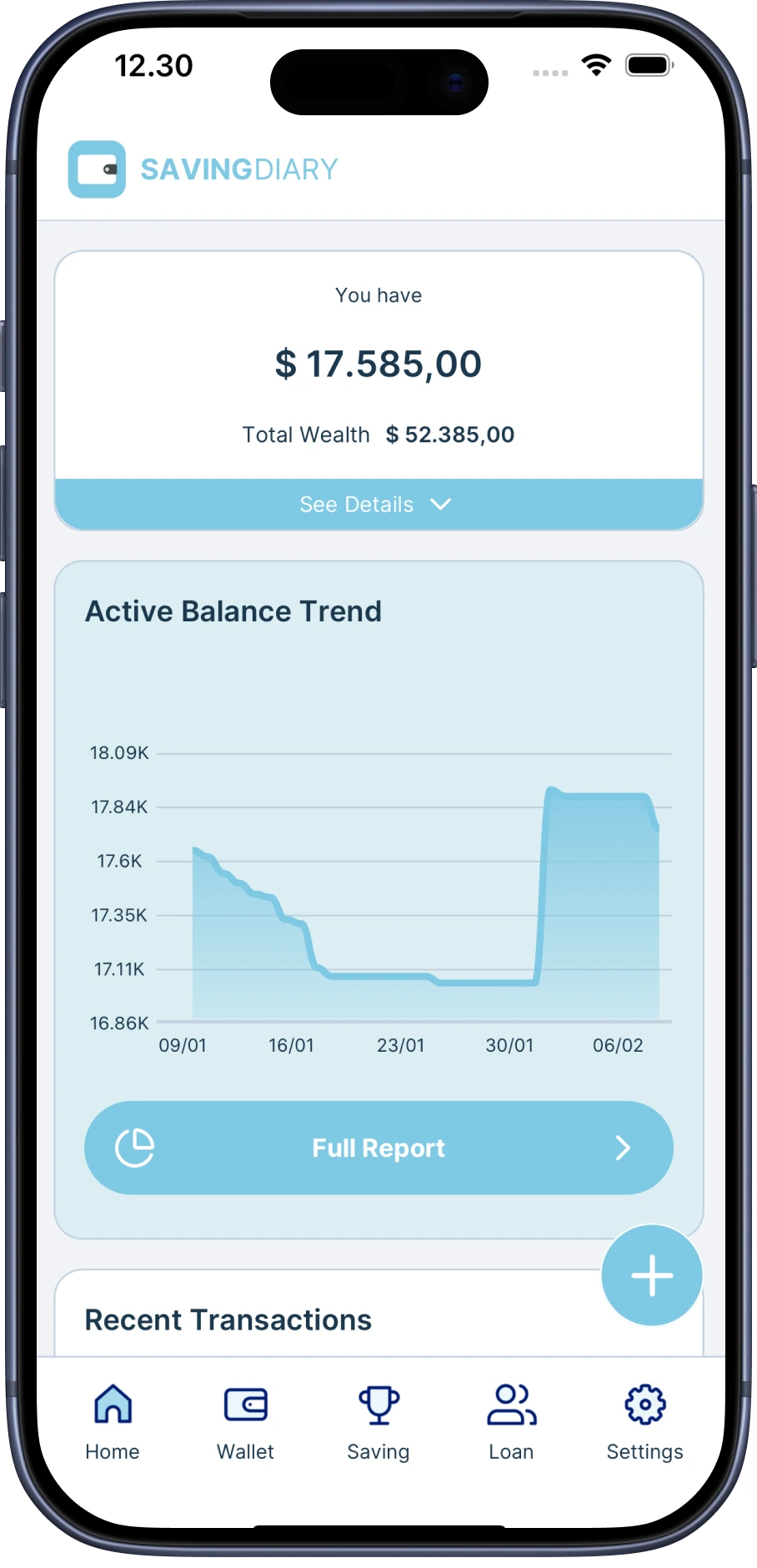 The Saving Diary home screen with the balance and a recent balance trend