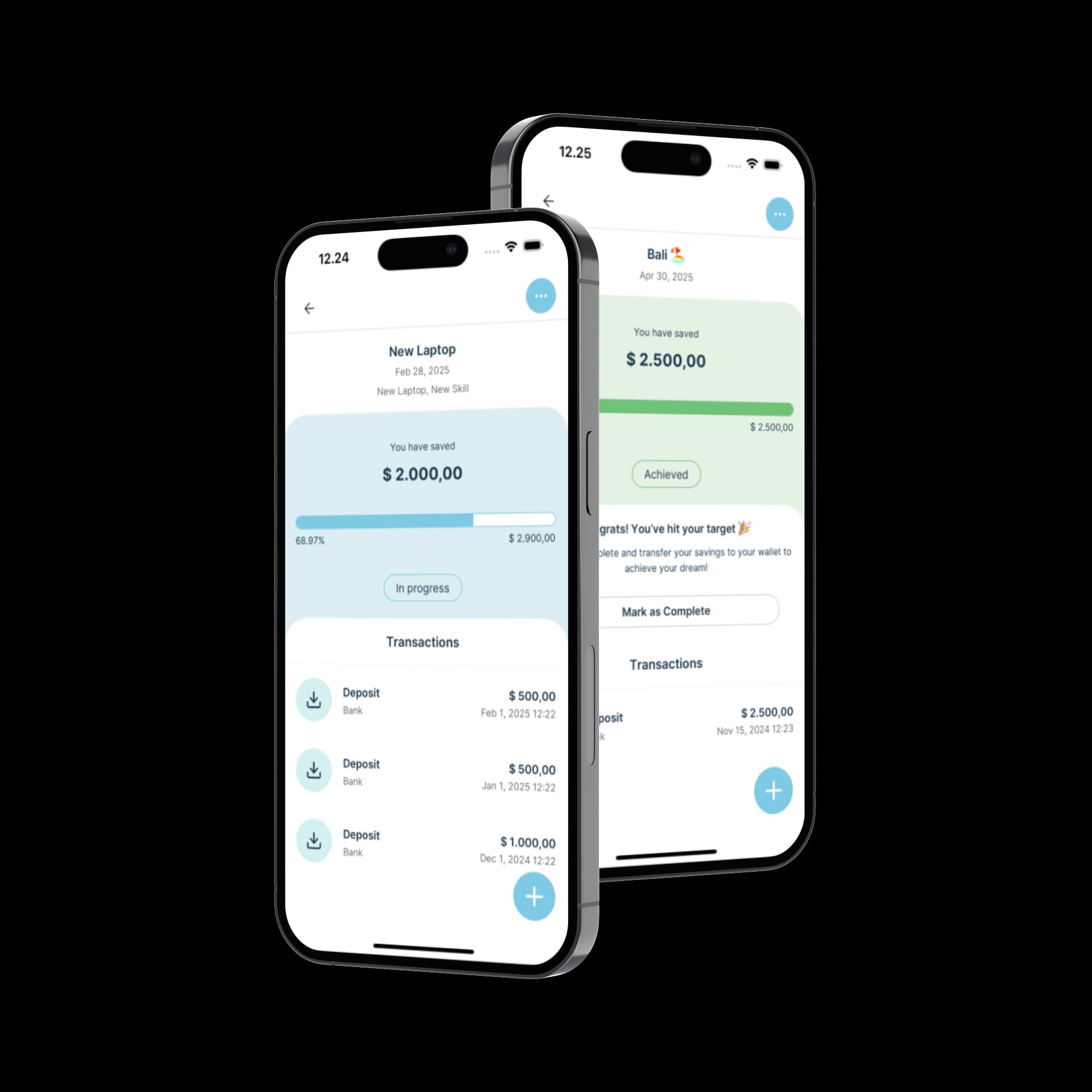 Two phones side by side, one savings goal in progress and one already reached