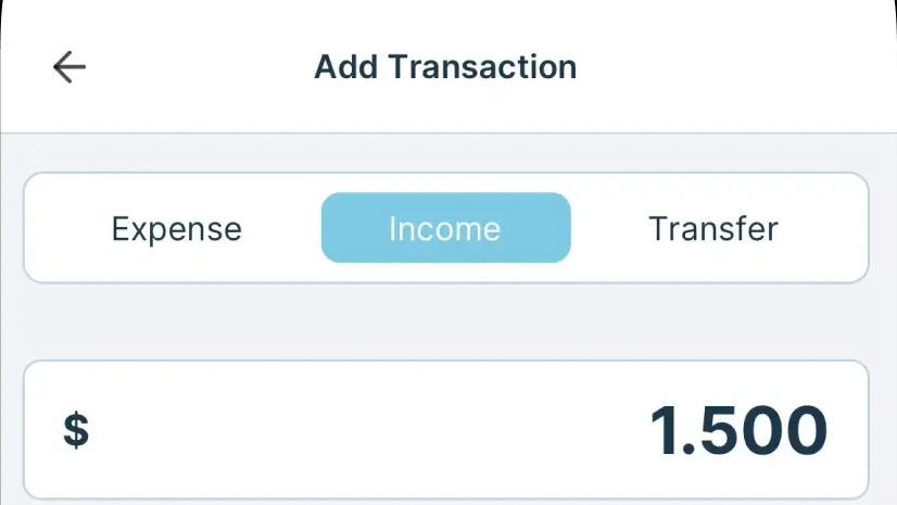 The add transaction screen with income selected and an amount entered